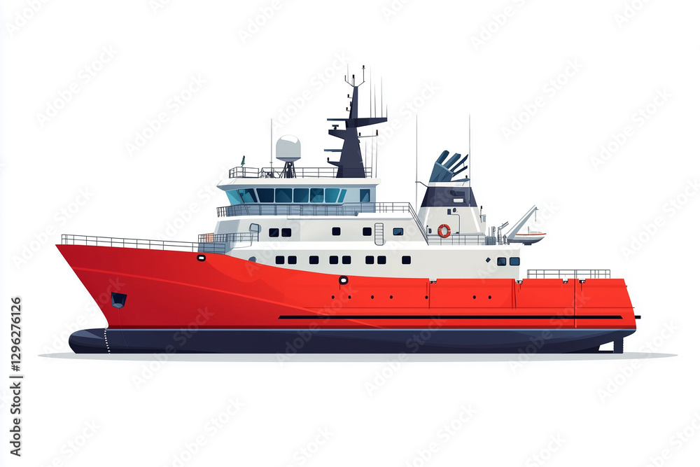 Research vessel, Ship, side view, vehicle art, white background Research vessel, Ship, side view, vehicle art, white background