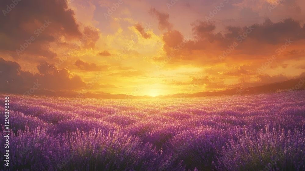 Obraz premium A wide field of blooming lavender stretching toward the horizon, bathed in golden sunset light, with vibrant rows glowing in warm hues