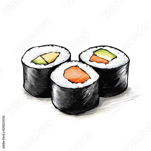 Sushi rolls minimalist 2D vector graphic illustration sketch on a white background.

