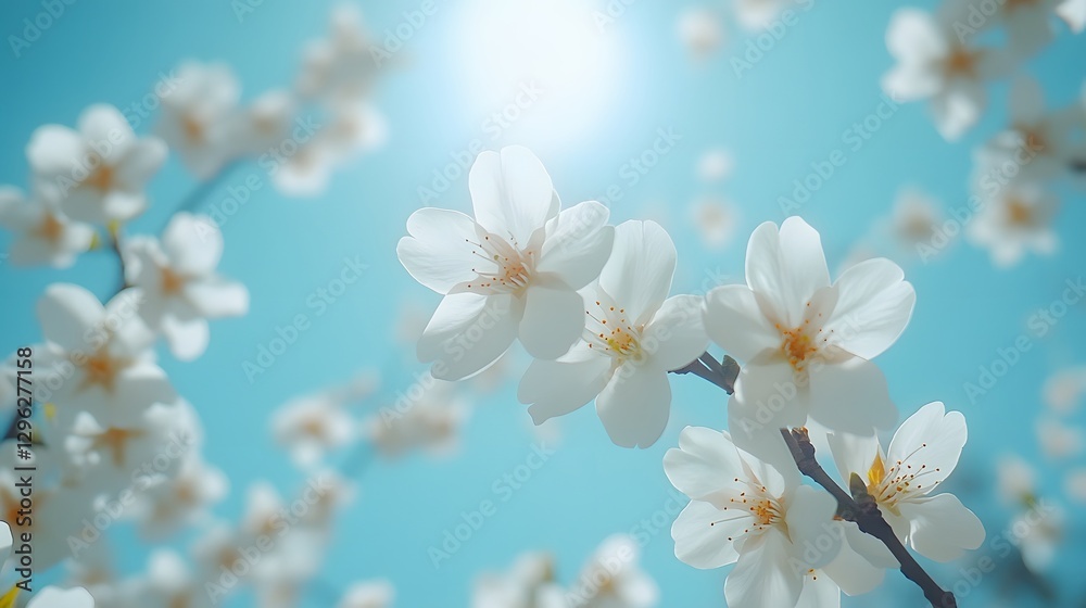 Delicate white cherry blossoms bloom against azure sky, with sunlit petals glowing softly, elegant branches, and crisp details, capturing serene springtime essence in Japanese botanical style. Delicate white cherry blossoms bloom against azure sky, with sunlit petals glowing softly, elegant branches, and crisp details, capturing serene springtime essence in Japanese botanical style.