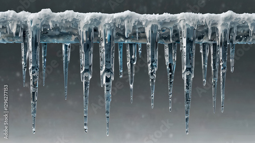 A frozen icicle melting under the winter sky with a touch of blue and crystal clear ice