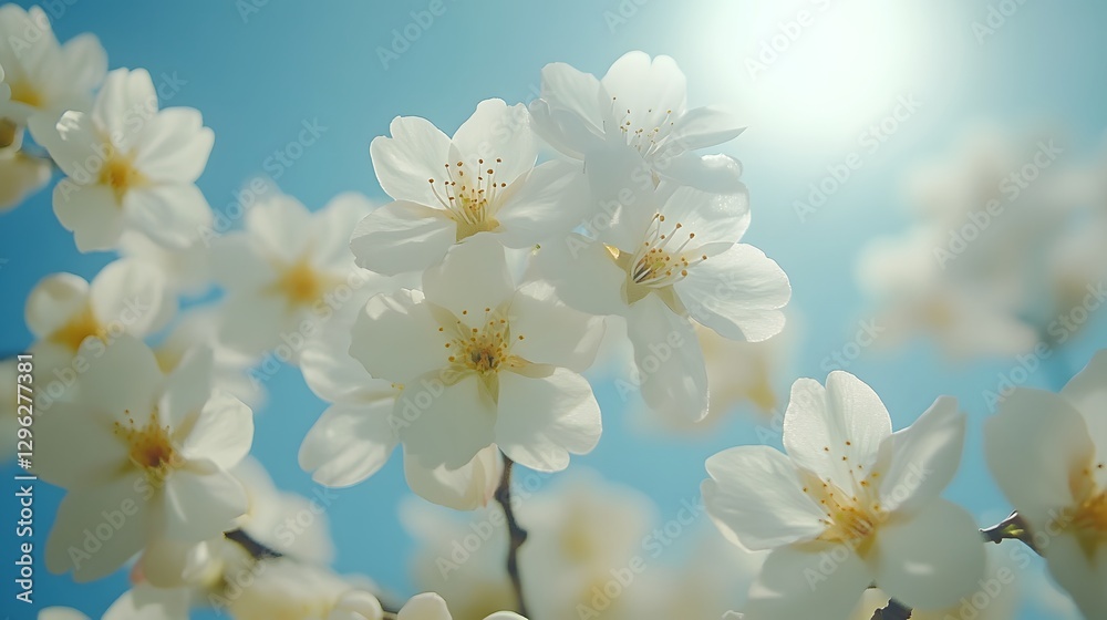 Fototapeta premium Delicate white cherry blossoms bloom against azure sky, with sunlit petals glowing softly, elegant branches, and crisp details, capturing serene springtime essence in Japanese botanical style.