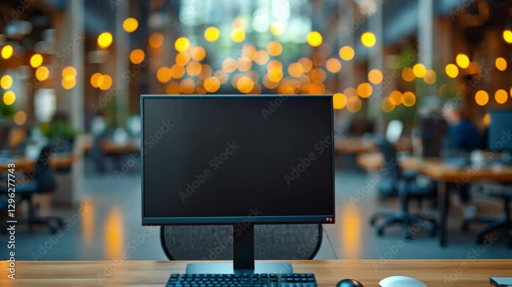 Modern Workspace: A sleek, empty computer monitor sits prominently on a wooden desk, framed by a blurred, open-plan office setting, radiating a sense of potential and technological advancement.