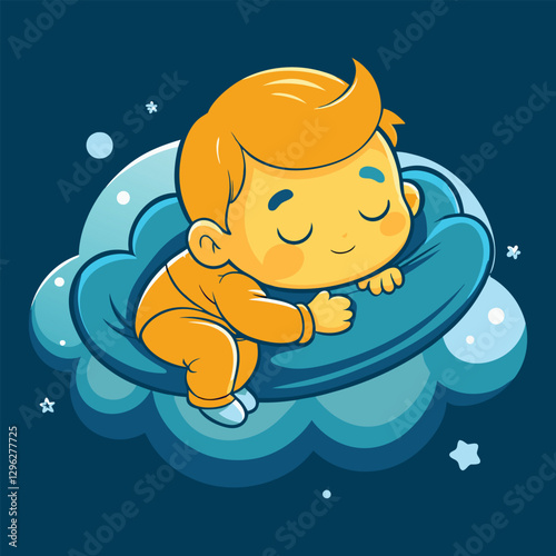 Adorable cartoon baby sleeping peacefully on a fluffy blue cloud under a starry night sky