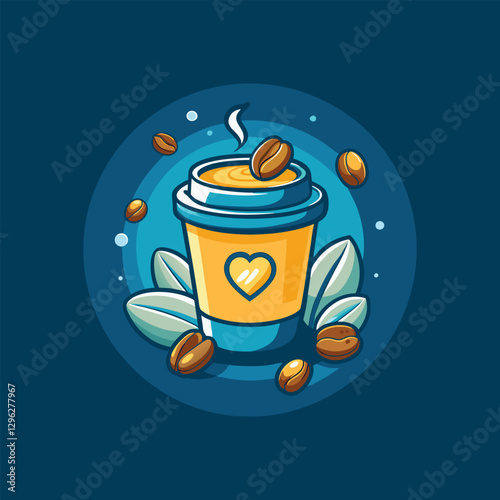 Cozy coffee cup with heart and beans illustration for cafes and coffee lovers