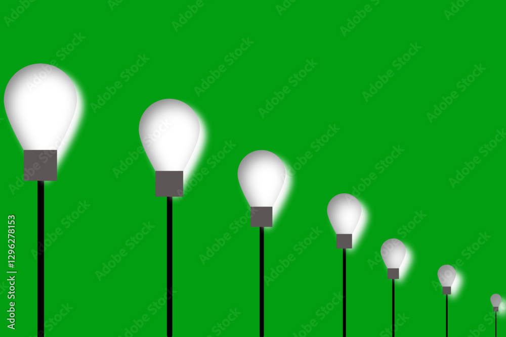 Cartaz ilustrativo com lâmpadas em perspectiva e fundo verde