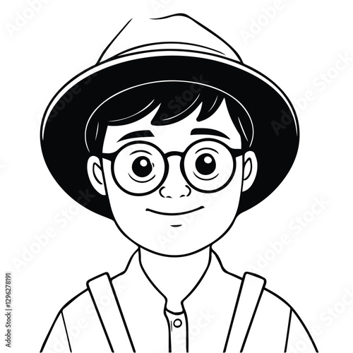 Black and white cartoon illustration of a boy with glasses wearing a hat and suspenders with a cheerful expression

