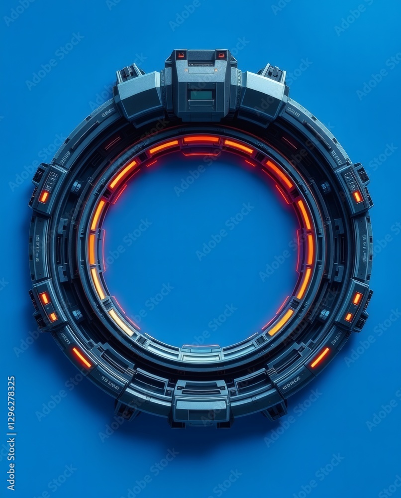 a futuristic circular technological device with a glowing orange interior set against a solid blue backdrop. The device has a complex, mechanical appearance. a futuristic circular technological device with a glowing orange interior set against a solid blue backdrop. The device has a complex, mechanical appearance.