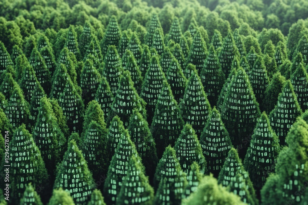Fototapeta premium A photo showcasing a dense forest filled with numerous green trees creating a vibrant and lush environment Binary digits forming the shape of a forest .