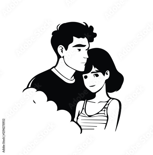 Black and white cartoon illustration of a couple in love with a man and woman standing closely together in an affectionate pose

