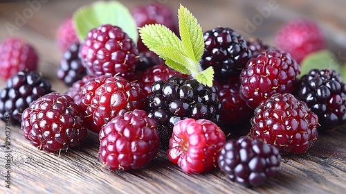 A pile of freshly picked blackberries with green leaves scattered around isolated on white background