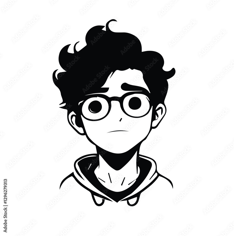 Naklejka premium Black and white cartoon illustration of a boy with glasses in a hoodie messy hair and worried expression