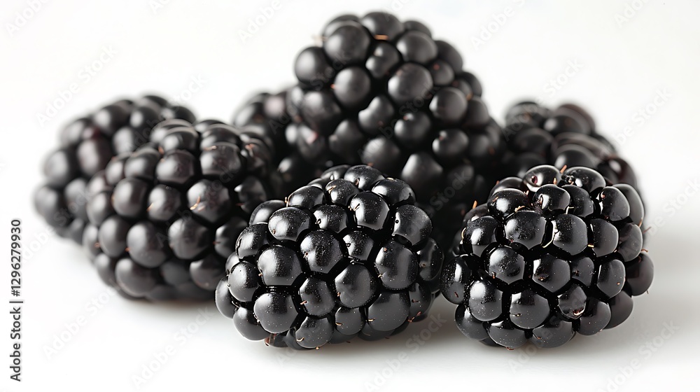 Close-up of blackberries with light reflecting off their glossy surface emphasizing freshness on a white background