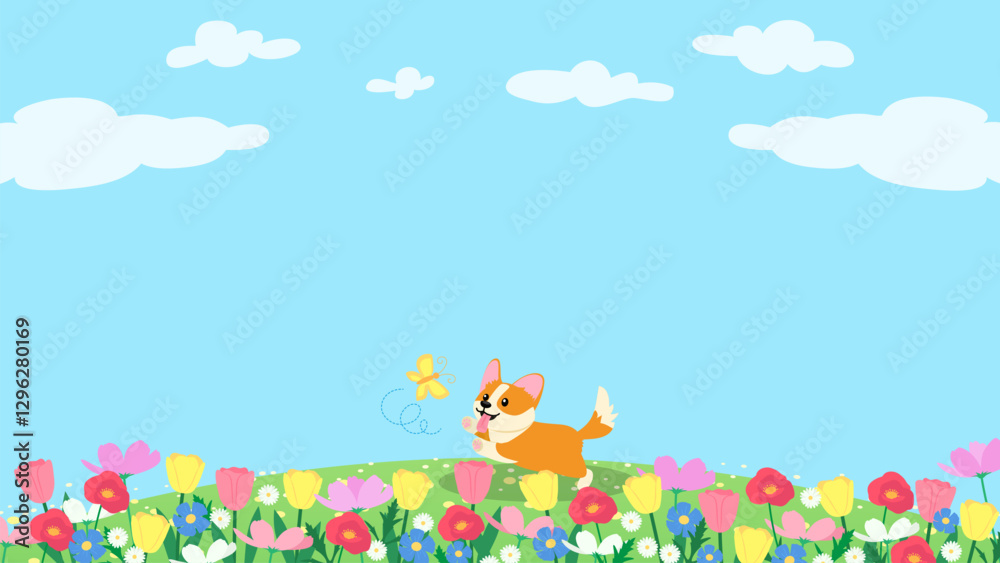 Happy Spring background vector design. Cute Corgi chases butterflies in a flower field with copy space Happy Spring background vector design. Cute Corgi chases butterflies in a flower field with copy space