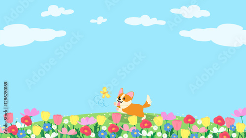 Happy Spring background vector design. Cute Corgi chases butterflies in a flower field with copy space