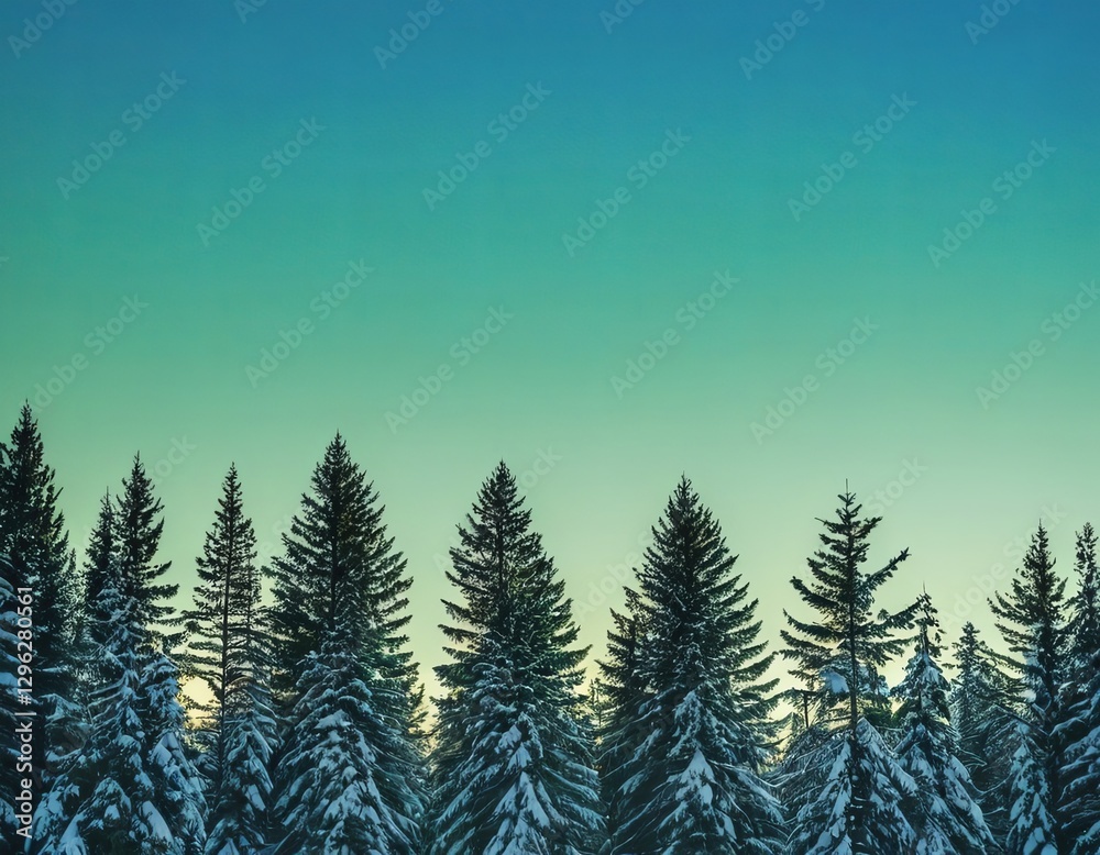 Obraz premium Majestic snow-covered pine trees silhouetted against a serene gradient sky.