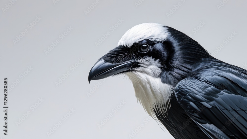 Dramatic Black Raven with Striking White Head Feathers Close Up Profile View Under Bright Light Dramatic Black Raven with Striking White Head Feathers Close Up Profile View Under Bright Light