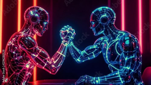 Two glowing humanoid robots compete for supremacy in neon red and blue light against a dark futuristic background. AI competition concept
