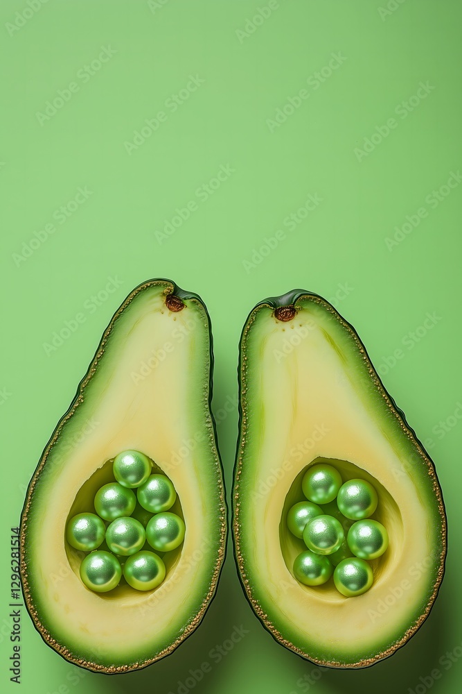 Sliced avocado with green pearls inside on a pastel green background. Soft, dreamy, creative, copy space, trendy concept.