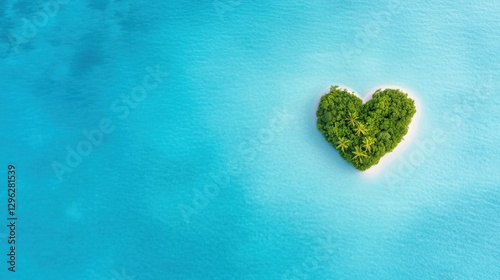 Heart-shaped tropical island surrounded by crystal-clear waters nature photography aerial view romantic concept