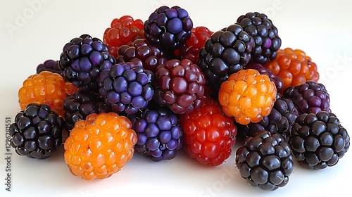Fresh blackberries stacked naturally with some leaning against each other rich tones against a white background