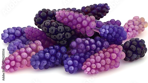 Fresh blackberries stacked naturally with some leaning against each other rich tones against a white background