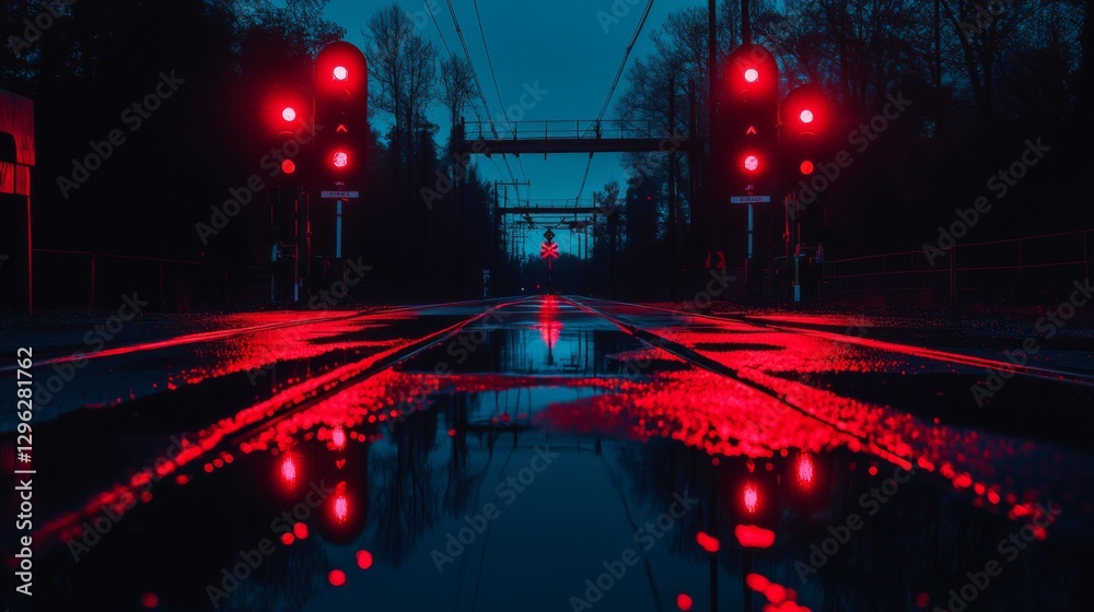 Railway crossing night rain