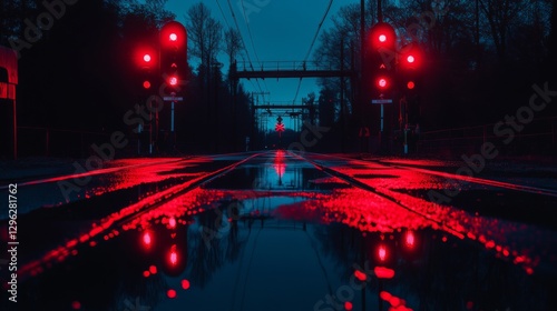 Obraz na płótnie Railway crossing night rain w salonie
