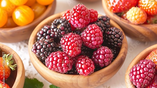 Close-up of fresh blackberries showing intricate patterns of each drupelet natural shine on a white background photo