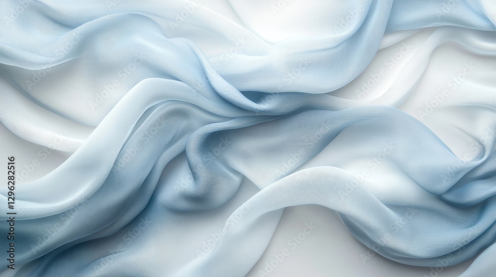 Fototapeta premium Delicate flowing blue and white fabric draped with soft shadows