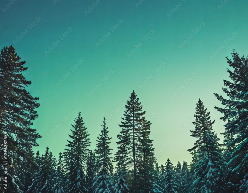Fototapeta premium Majestic evergreen trees silhouetted against a clear teal sky in a winter wonderland.