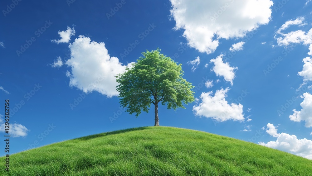 tree standing atop a grassy hill, with a clear sky and scattered clouds. ,background tree standing atop a grassy hill, with a clear sky and scattered clouds. ,background