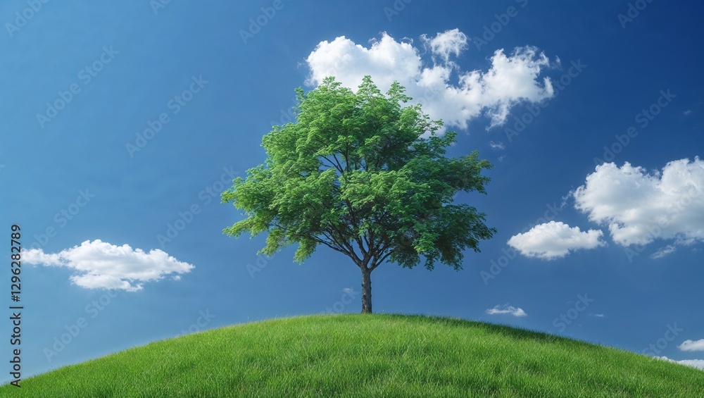 tree standing atop a grassy hill, with a clear sky and scattered clouds. ,background tree standing atop a grassy hill, with a clear sky and scattered clouds. ,background