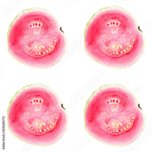 Ripe open pink guava quoter watercolor seamless pattern isolated on white. The hand-painted tropical fruit clip art is perfect for culinary designs, labels, prints, cards, packages, menu, home decor photo