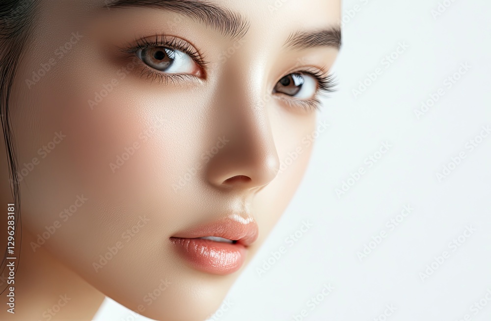 Fototapeta premium Close-up of a beautiful Asian woman with clean, healthy skin on a white background. This beauty portrait showcases her perfect face and neck, embodying a minimalist aesthetic. 