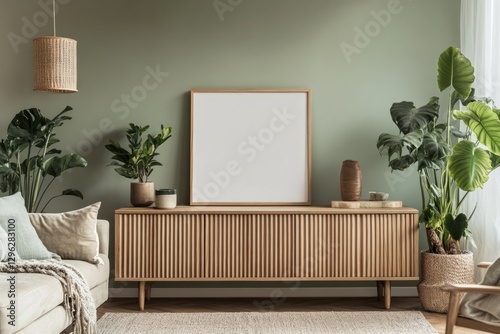 Wooden sideboard and a blank 1:1 square poster frame, mock up modern interior decor featuring a blank poster frame against a green wall with stylish furniture and greenery enhancing the ambiance