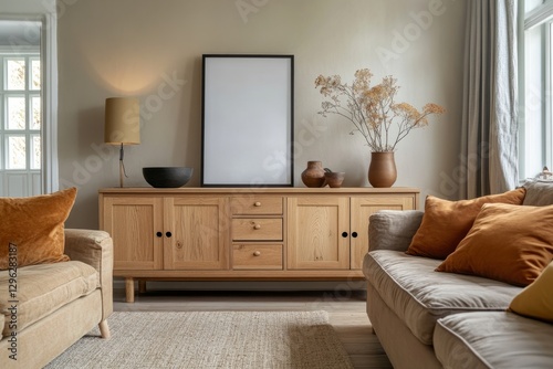 A warm Scandinavian lounge featuring a wooden sideboard with a blank 3:2 poster frame on the floor in a cozy living room with warm tones and natural decor