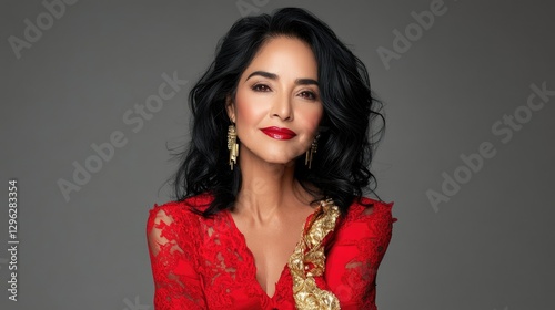 A woman in a red dress with gold earrings and red lipstick