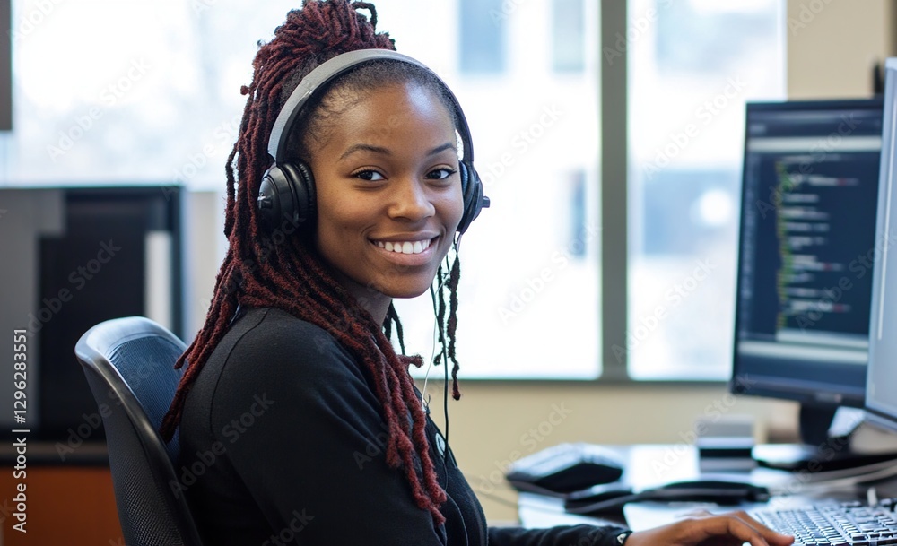 Smiling Woman with Headset Working at Computer in Office
