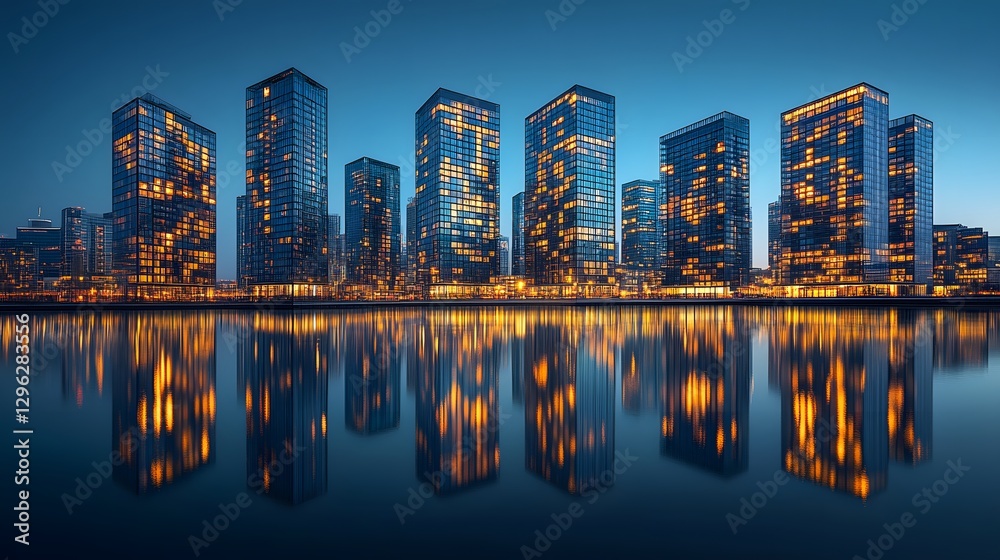 Fototapeta premium Modern cityscape showcases illuminated skyscrapers reflecting on calm water at blue hour, with glass and steel architecture, golden windows, and deep twilight sky in Dubai-inspired symmetrical view