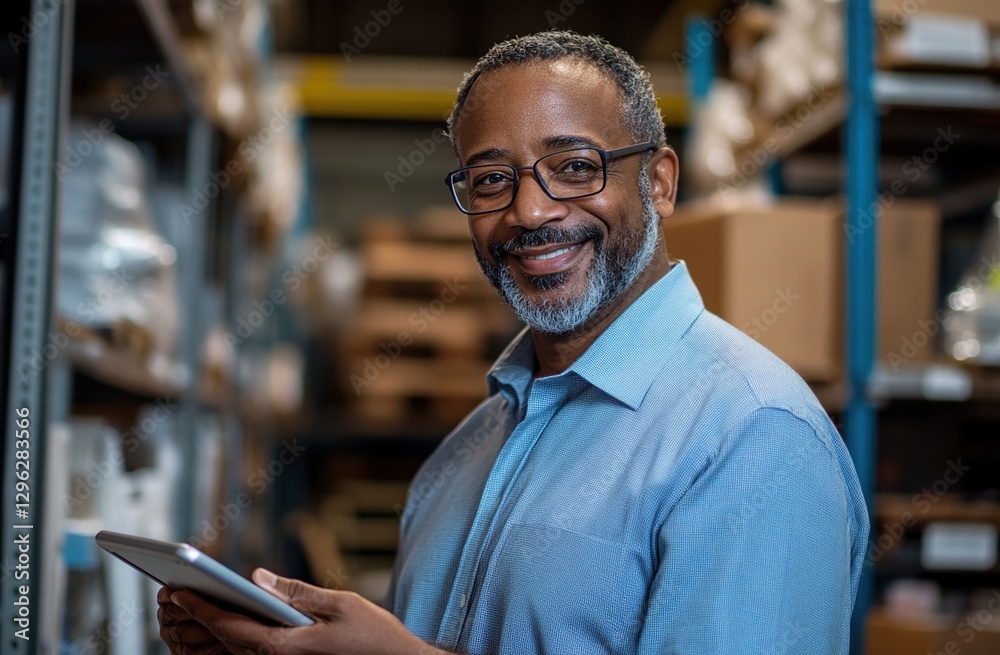 Smiling Man Using Tablet in Warehouse Smiling Man Using Tablet in Warehouse