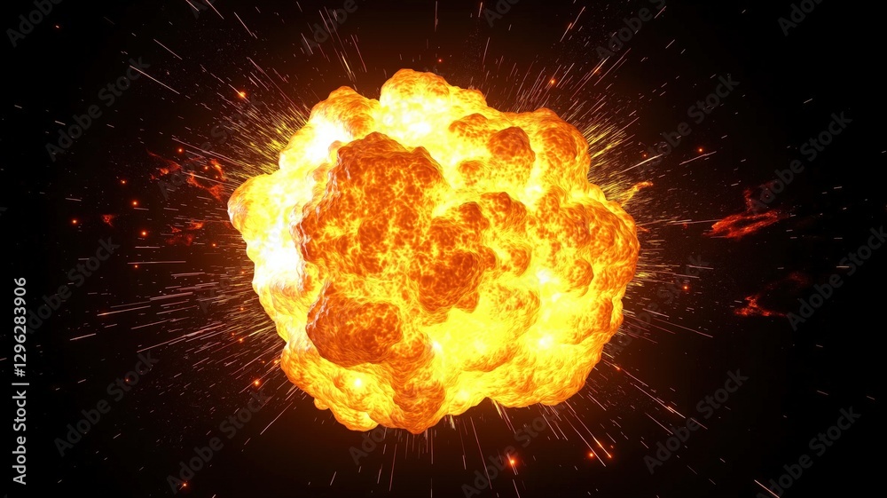 Fototapeta premium 3D render of a massive fireball explosion with sparks on a black background