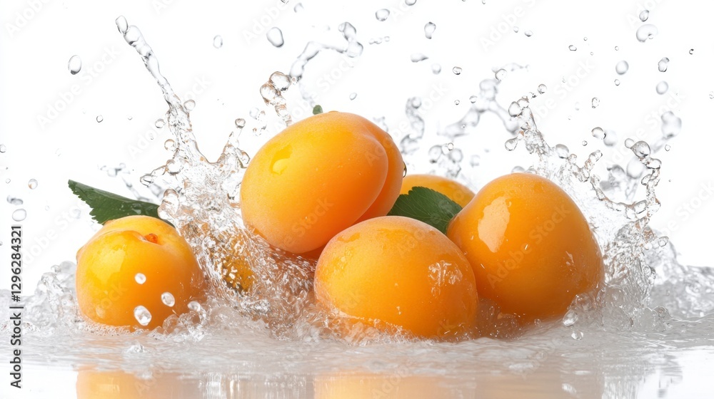 Fresh Juicy Apricots Splashing in Clear Water with Mint Leaves Fresh Juicy Apricots Splashing in Clear Water with Mint Leaves