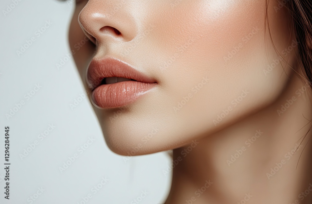 Obraz premium Close-up of a beautiful Asian woman with clean, healthy skin on a white background. This beauty portrait showcases her perfect face and neck, embodying a minimalist aesthetic. 