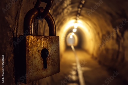 A photo showcasing a lock positioned in the center of a tunnel An image encryption and decryption process . photo