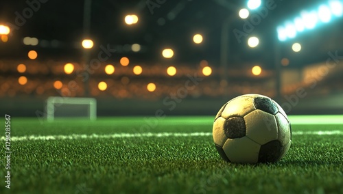 Soccer Ball on Green Field at Night Stadium