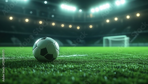 Soccer Ball on a Lit Stadium Field at Night