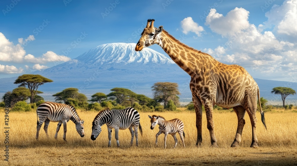 Fototapeta premium A group of zebras and giraffes are grazing in a field