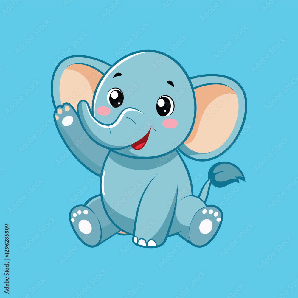 Fototapeta premium Adorable cartoon baby elephant waving hello with a friendly smile on a blue background