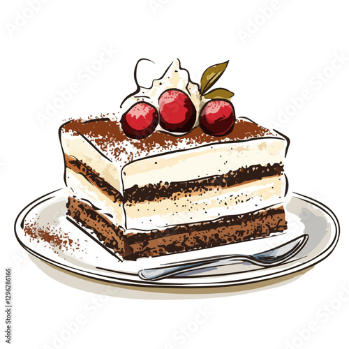 Tiramisu cake minimalist 2D vector graphic illustration sketch on a white background.

